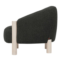 Dark gray textured upholstery with light wooden legs, featuring a modern, rounded silhouette.
