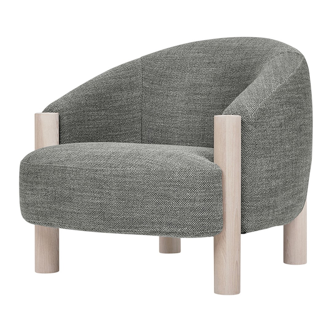 Modern curved armchair in textured grey fabric with light wooden legs. Ideal for contemporary decor.