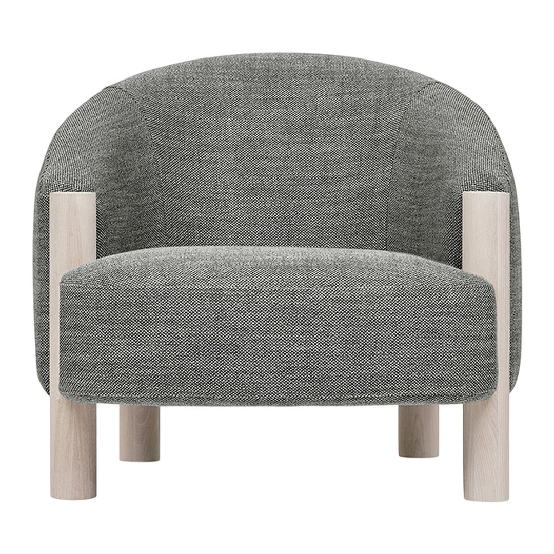 "Modern grey upholstered chair with a textured fabric and light wooden legs, featuring a minimalist design."