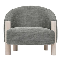 "Modern grey upholstered chair with a textured fabric and light wooden legs, featuring a minimalist design."