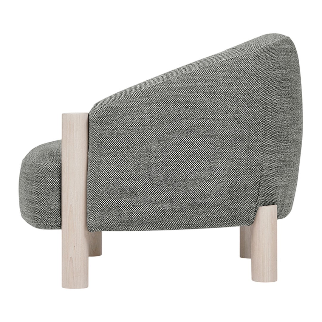 Gray upholstered chair with a textured pattern and light wood legs. Stylish modern design for any space.