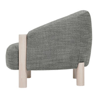 Gray upholstered chair with a textured pattern and light wood legs. Stylish modern design for any space.