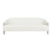Elegant white sofa with a smooth, minimalist design and light wood accents. Perfect for modern interiors.