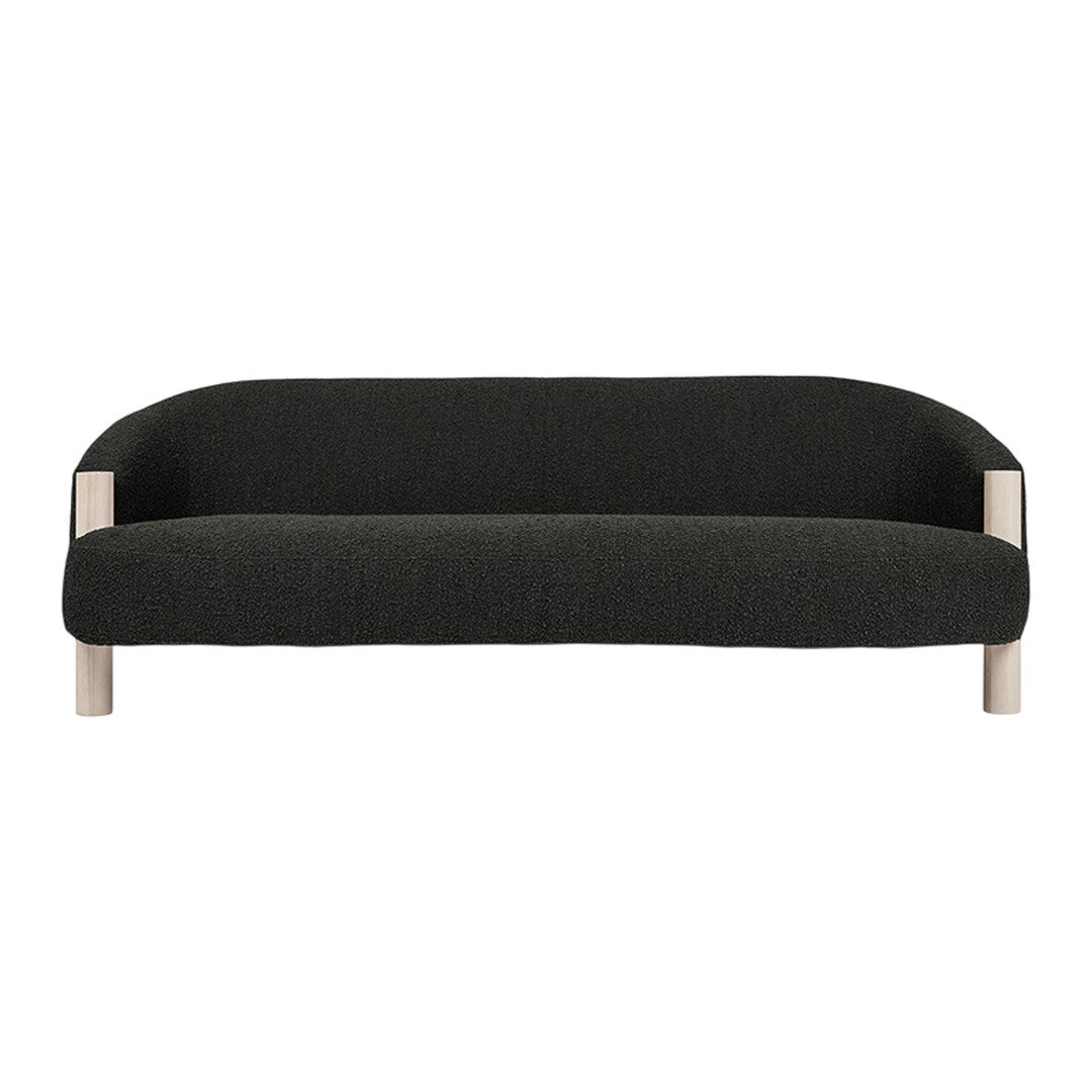 Modern black sofa with a sleek, minimalist design and light wood accents. Perfect for contemporary living spaces.