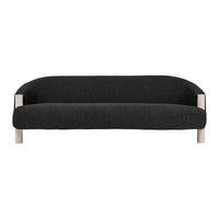 Modern black sofa with a sleek, minimalist design and light wood accents. Perfect for contemporary living spaces.