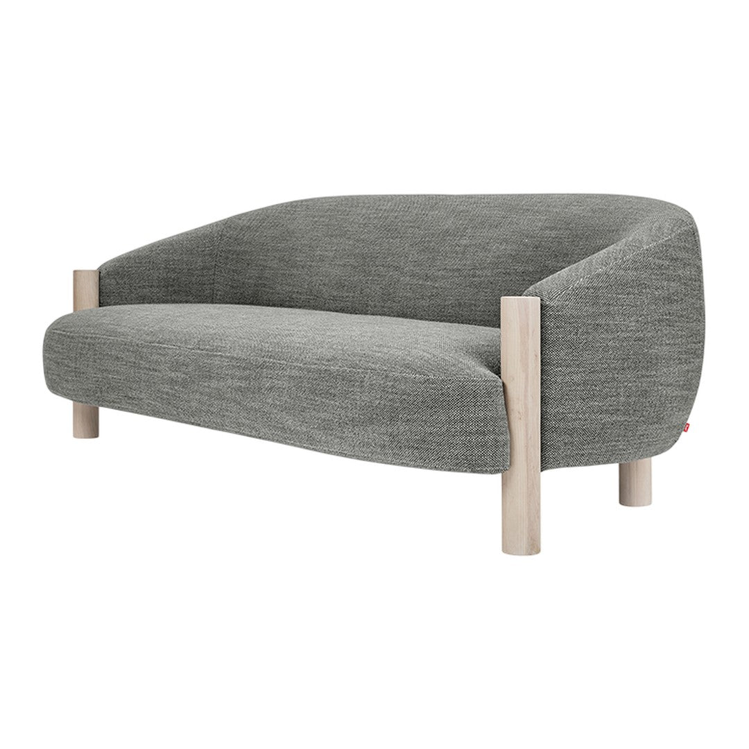 Modern gray upholstered sofa with smooth contours and light wood legs, featuring a subtle textured pattern.