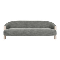 Gray upholstered sofa with a smooth texture and minimalistic design, featuring natural wood legs.