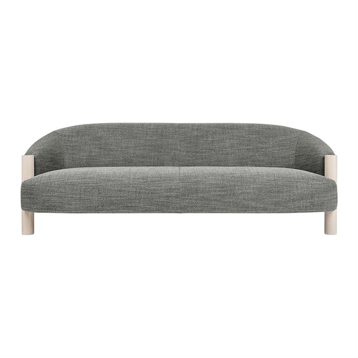 Gray upholstered sofa with a smooth texture and minimalistic design, featuring natural wood legs.
