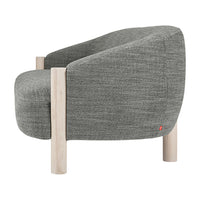 Curved gray armchair with textured fabric and natural wood legs, featuring a minimalist design.