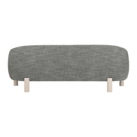 Gray upholstered bench with a smooth texture and minimalist wooden legs. Clean lines for a modern look.