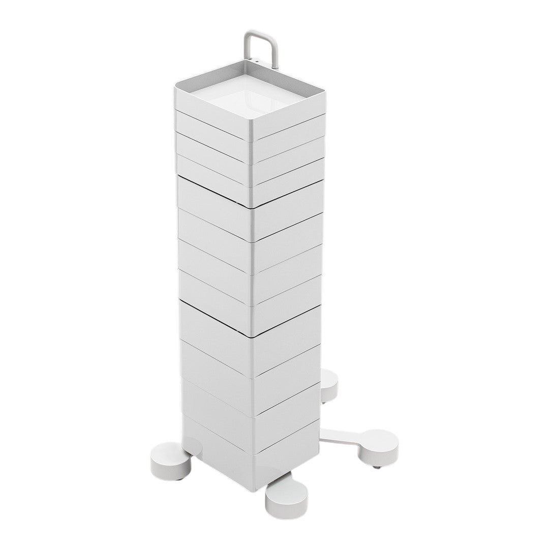 White stackable storage unit with smooth surfaces and minimalistic design, featuring a sleek handle and wheels for mobility.