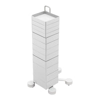 White stackable storage unit with smooth surfaces and minimalistic design, featuring a sleek handle and wheels for mobility.