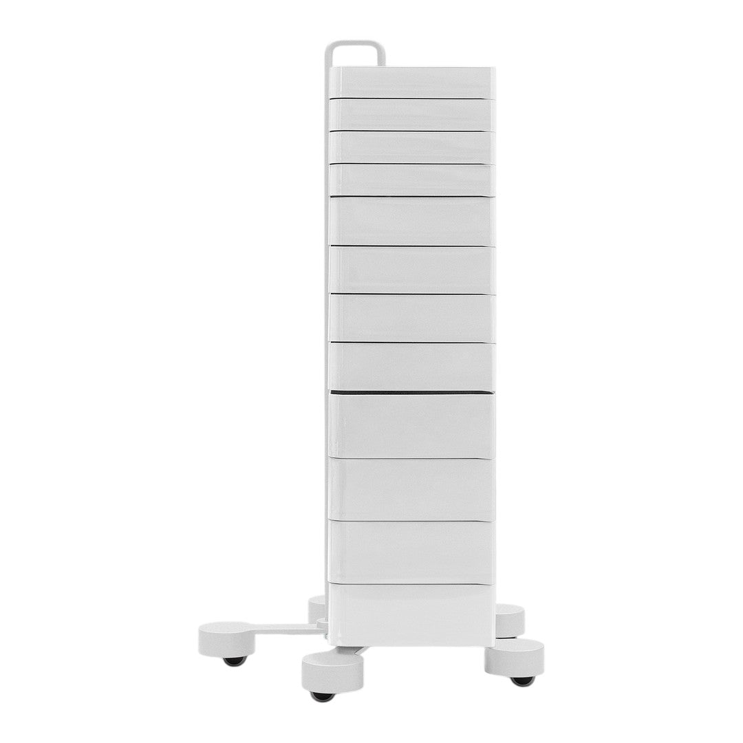 White multi-drawer storage unit with smooth lines and a minimalistic design, featuring a uniform pattern.