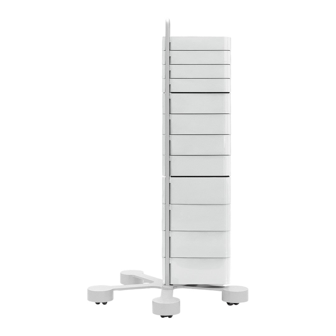 White multi-drawer rolling cart with a sleek, modern design and smooth, minimalist lines. Ideal for organization.
