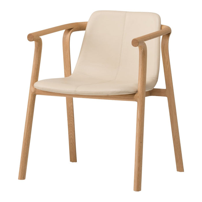 Beige upholstered chair with natural wood arms and legs, featuring a simple, modern design. Perfect for minimalist decor.