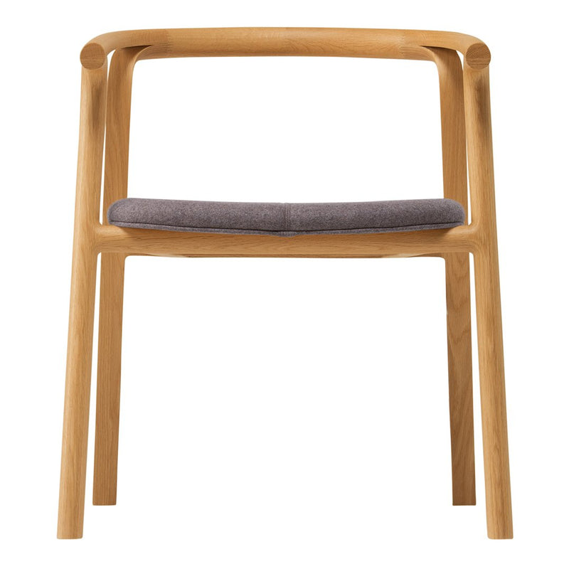 Natural wood chair with a light oak finish and dark gray upholstered seat, featuring smooth, minimalist curves.