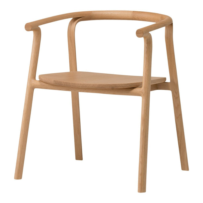 Light natural wood chair with a smooth finish and minimalist design, featuring curved arms and a simple, elegant silhouette.