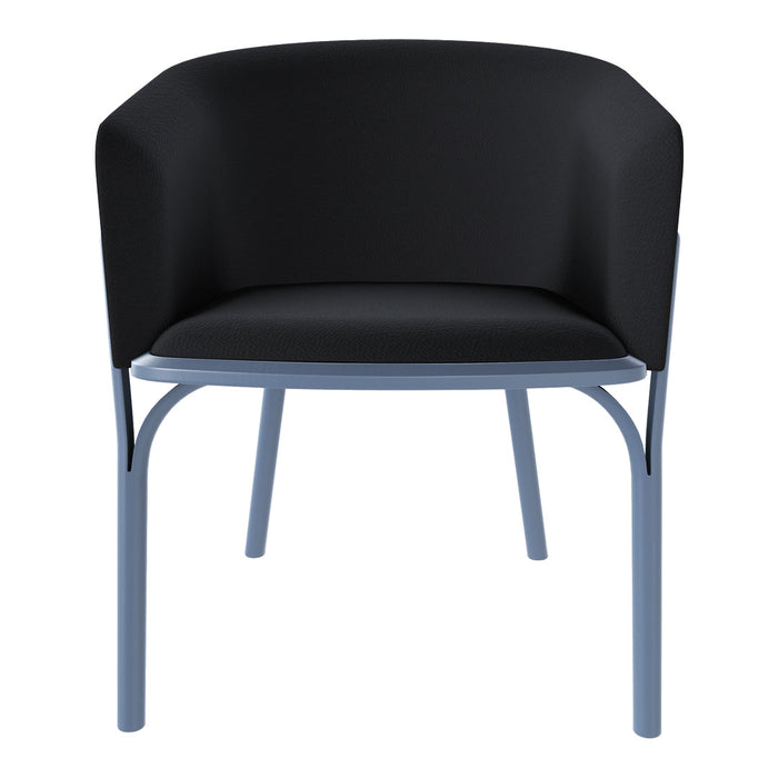 Black upholstered chair with a curved backrest and light blue steel legs, offering a modern, minimalist design.