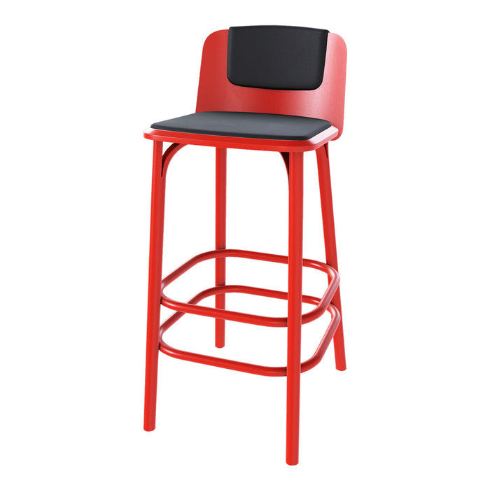 Red metal bar stool with a contrasting black seat and backrest. Sleek design with minimalistic patterns.