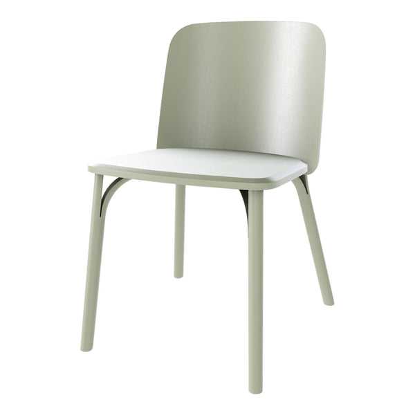 Light green chair with a smooth, minimalist design and a white seat, ideal for modern decor.