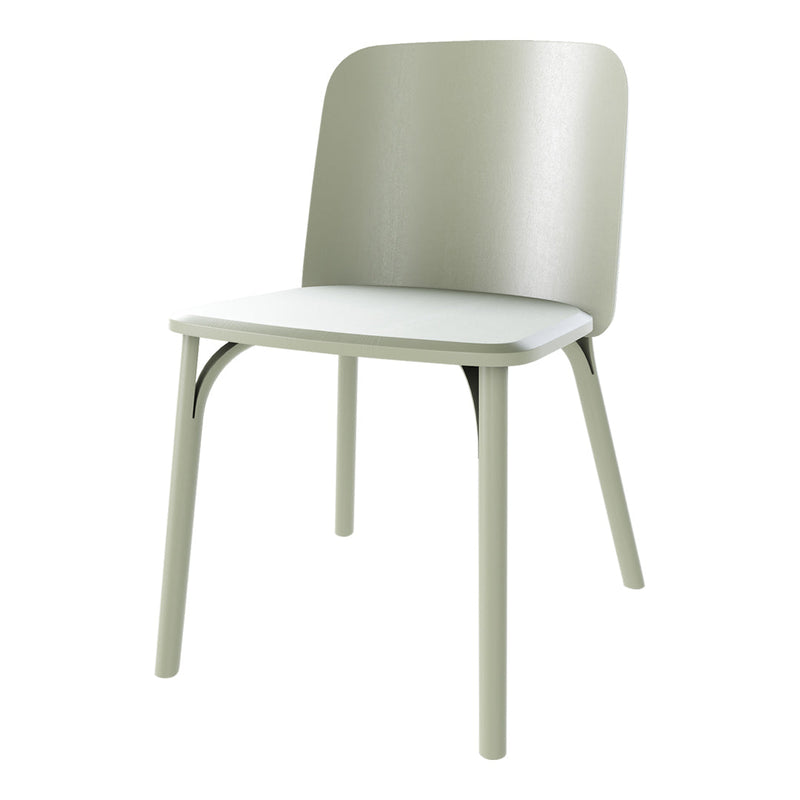 Light green chair with a smooth, minimalist design and a white seat, ideal for modern decor.