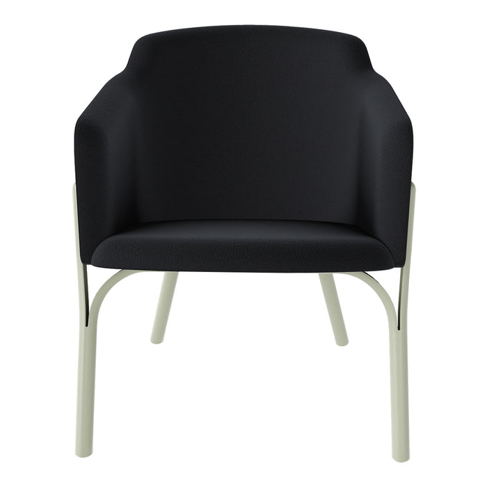 Black upholstered chair with a minimalist design and light gray legs, blending modern style and comfort.