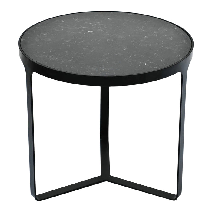 Round black side table with a sleek, textured top and minimalist black metal legs. Modern design for any decor.