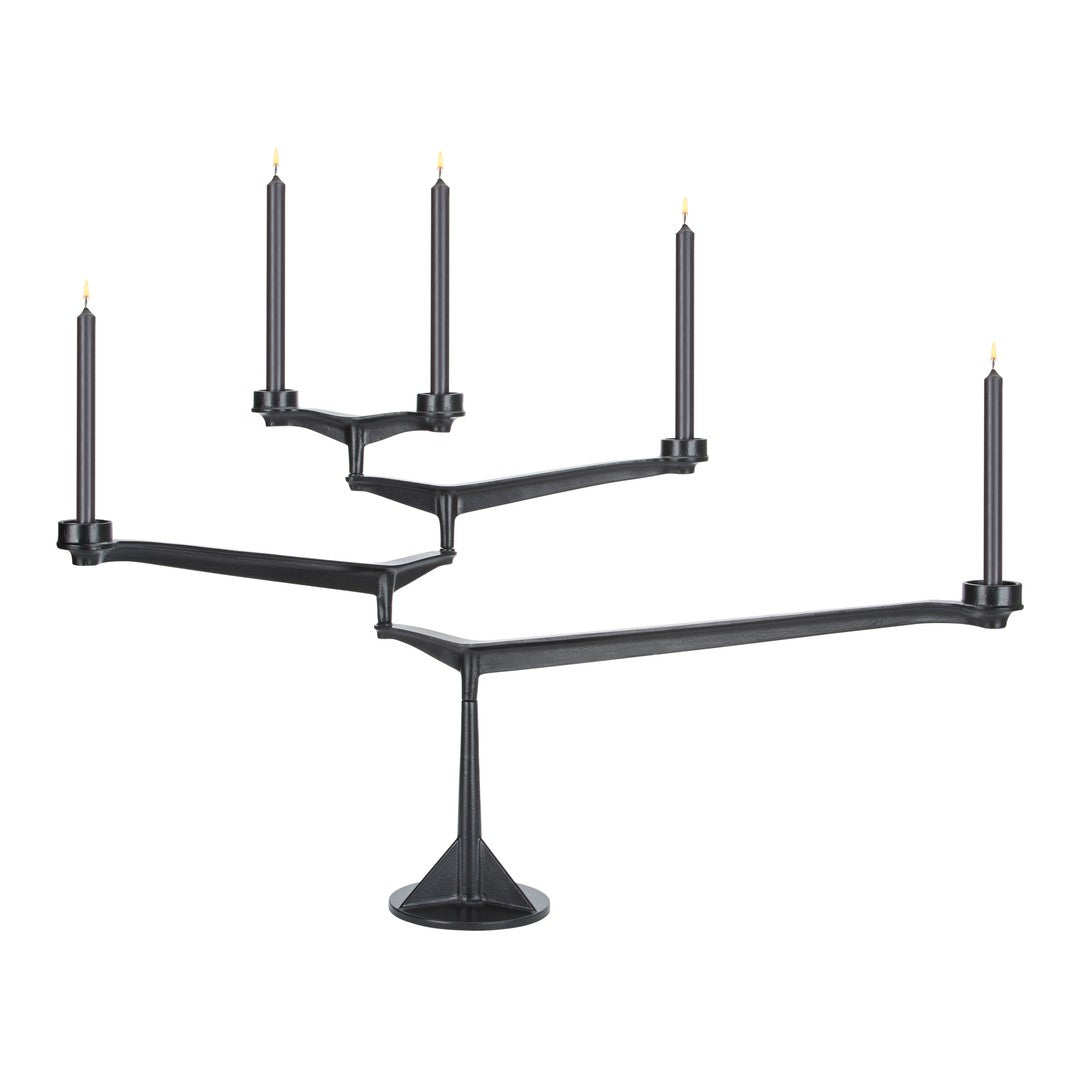 Black candle holder with five taper candle slots and sleek, modern geometric design.