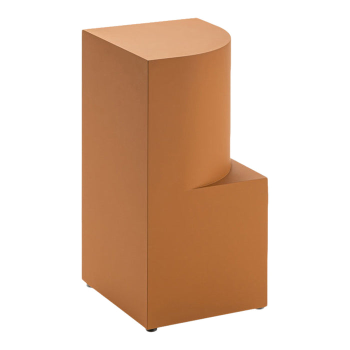 Modern orange geometric stool with smooth, matte finish and curved top. Ideal for contemporary decor.