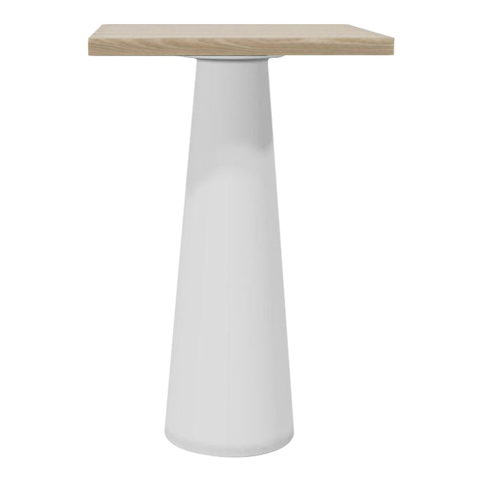 White tapered base with a natural wood tabletop. Modern design with a sleek, minimalist aesthetic.