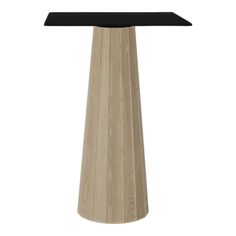 Modern pedestal table with a sleek black top and textured light wood base. Perfect for a stylish touch.