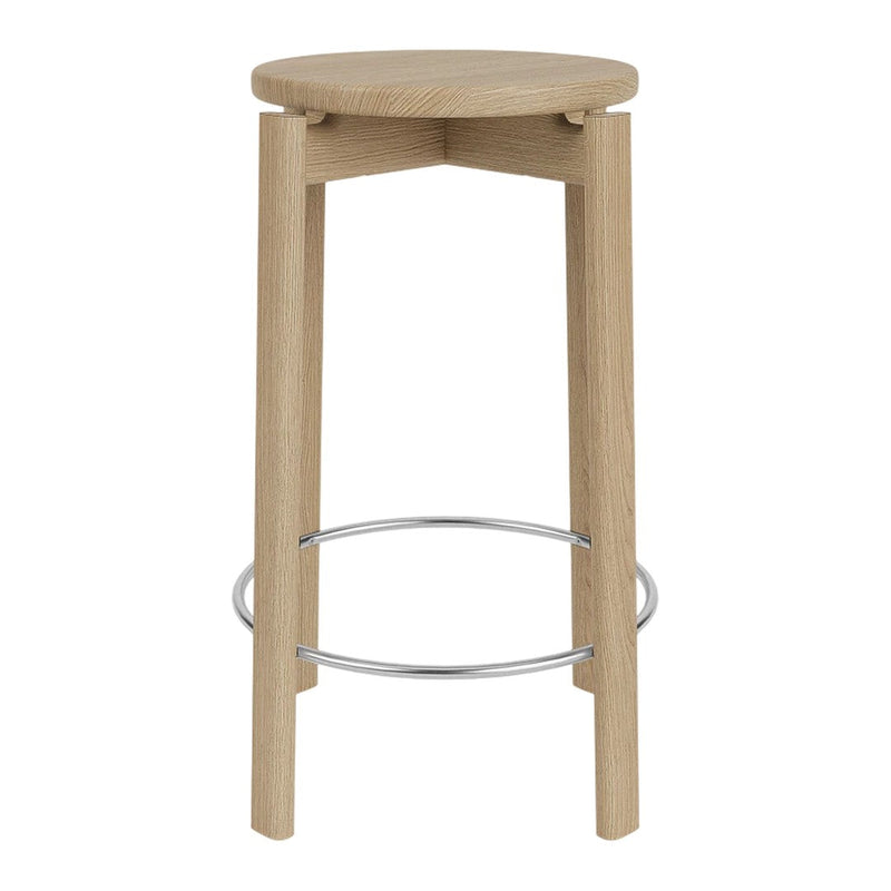 Natural wood bar stool with a light oak finish and sleek chrome footrest, showcasing a minimalist design.