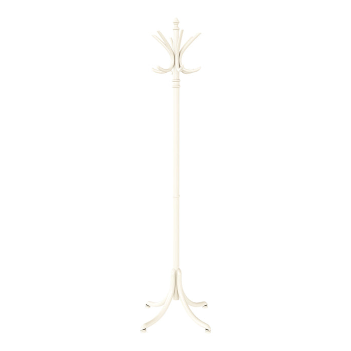 White coat rack with a sleek, minimal design and elegant curved hooks for a stylish touch.