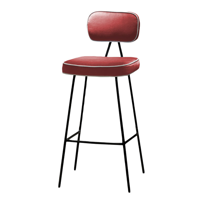 Red upholstered bar stool with black metal legs and white piping detail. Stylish and modern design.
