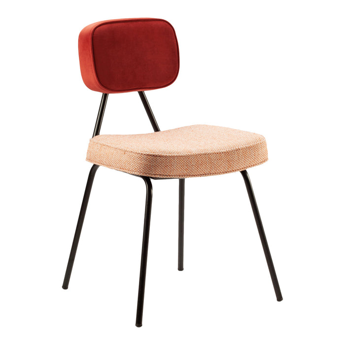Stylish chair with a red velvet backrest, beige patterned seat, and sleek black metal legs. Perfect for modern decor.