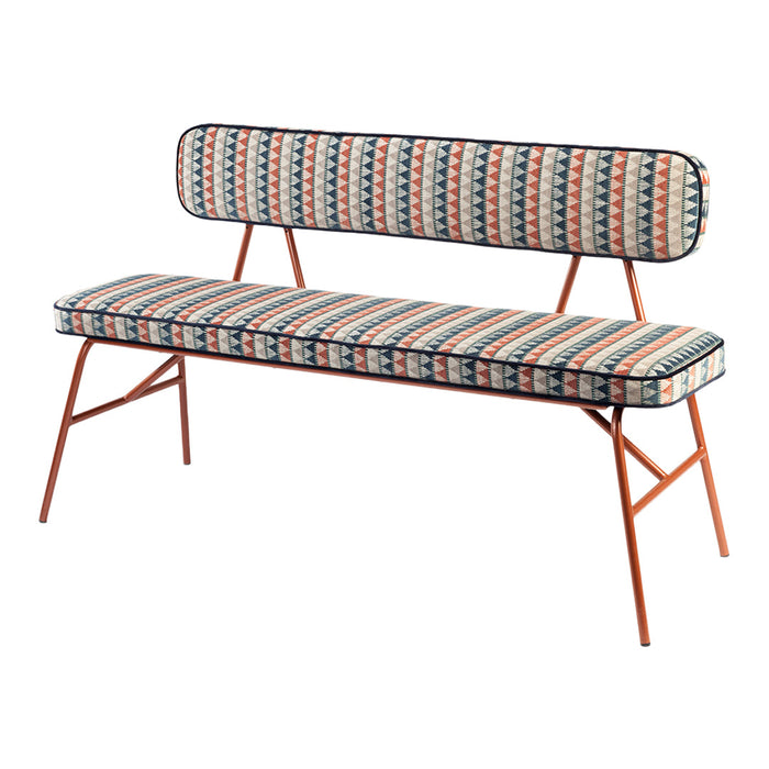Colorful patterned bench with geometric designs in red, blue, and cream; complemented by a sleek copper frame.