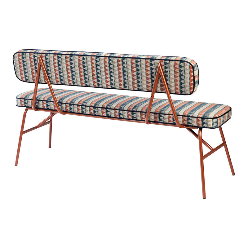 Multicolored geometric patterned bench with red, blue, and cream tones on a stylish metal frame.
