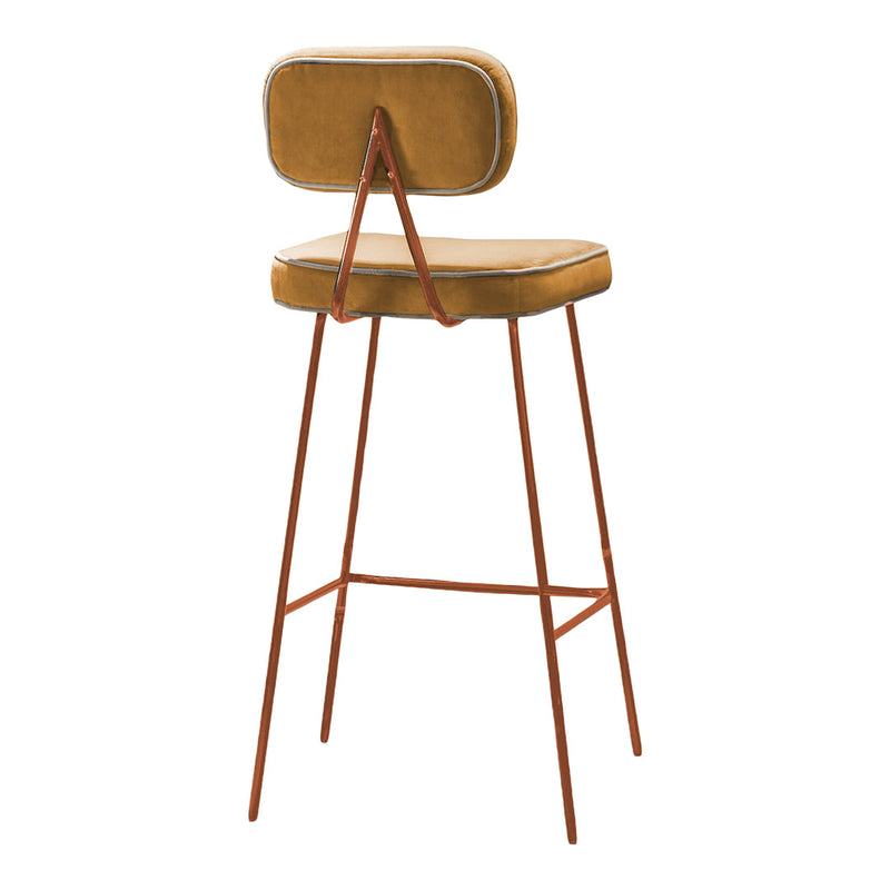 "Stylish bar stool in warm mustard yellow with sleek copper legs and white piping detail."