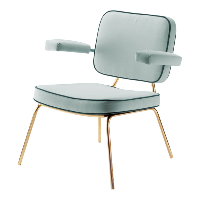 Light teal chair with golden legs and contrasting dark trim accentuating a modern, sleek design.