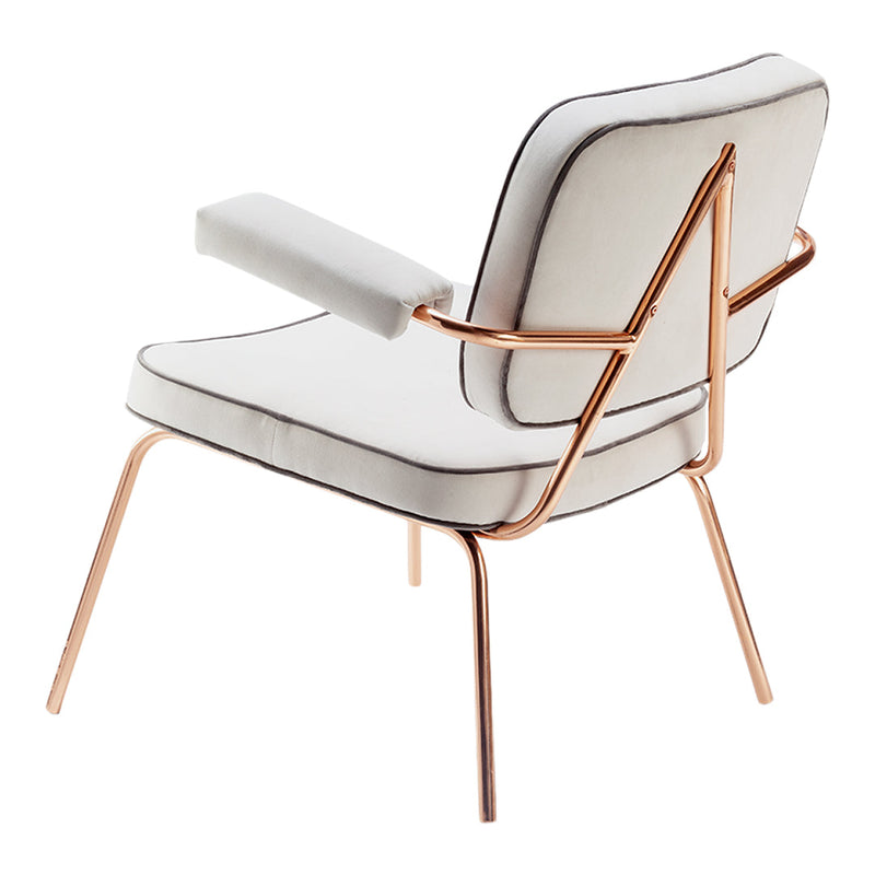 White upholstered chair with black trim and a sleek rose gold metal frame. Modern design with clean lines.