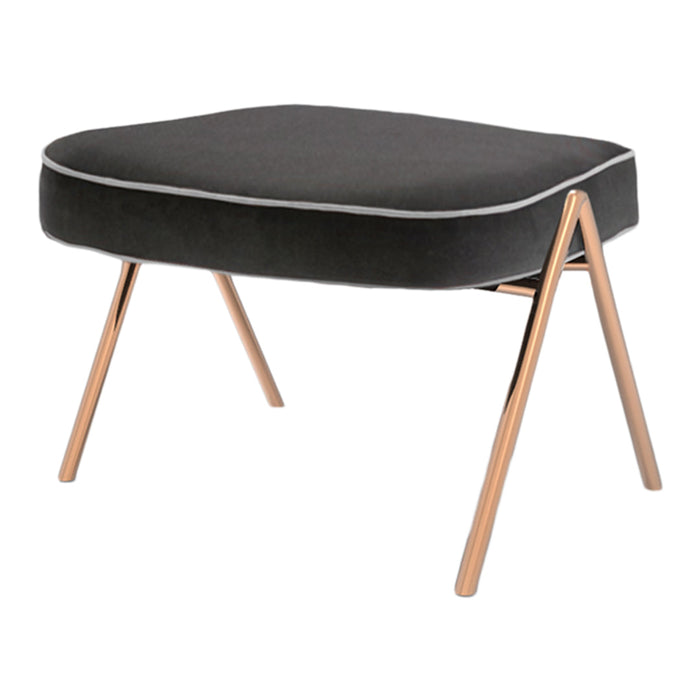 Black cushioned stool with a sleek gray trim and stylish rose gold legs. Perfect for modern decor.