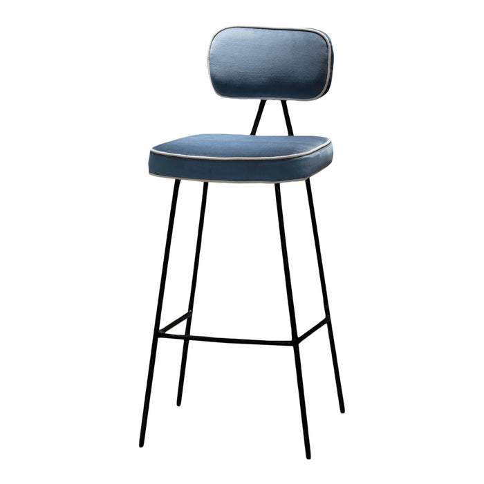 Blue upholstered bar stool with a sleek black metal frame and white piping accents.