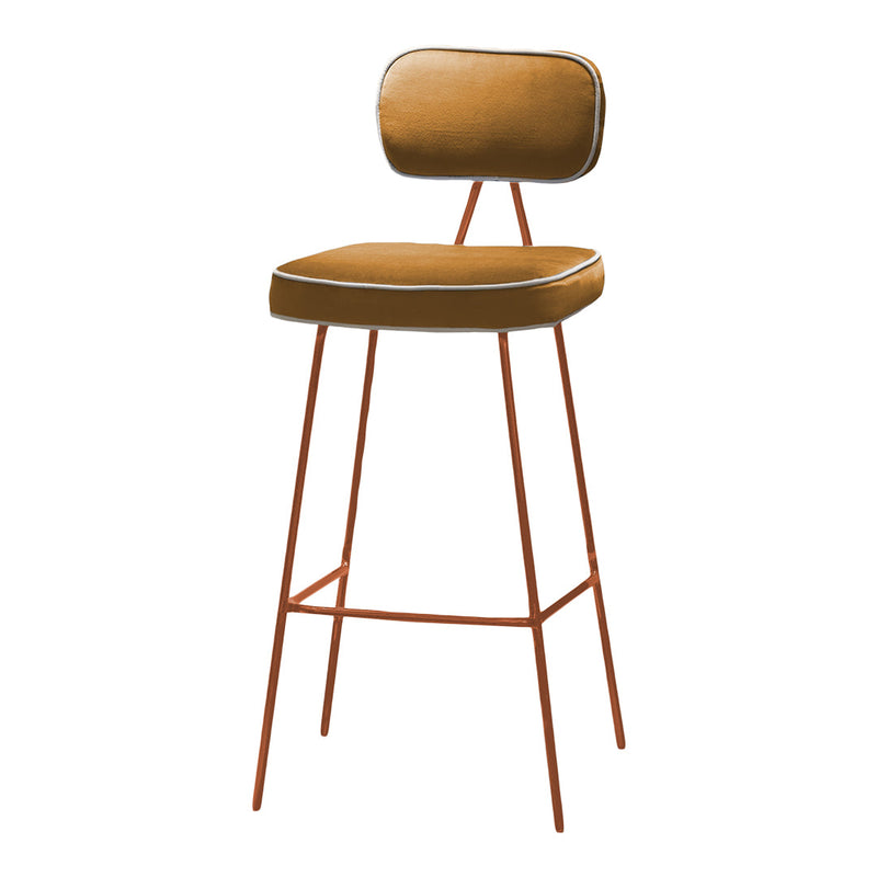 Elegant brown upholstery with white piping on sleek copper legs. Modern bar stool design for stylish spaces.