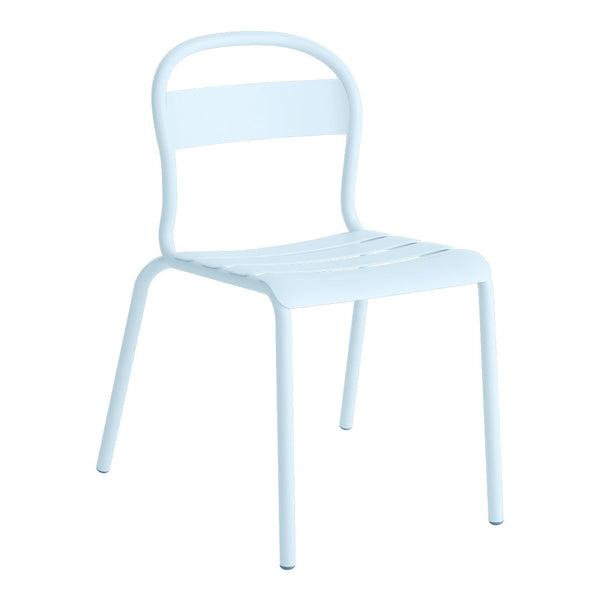 Light blue metal chair with a simple, sleek design and horizontal slats on the seat and backrest.