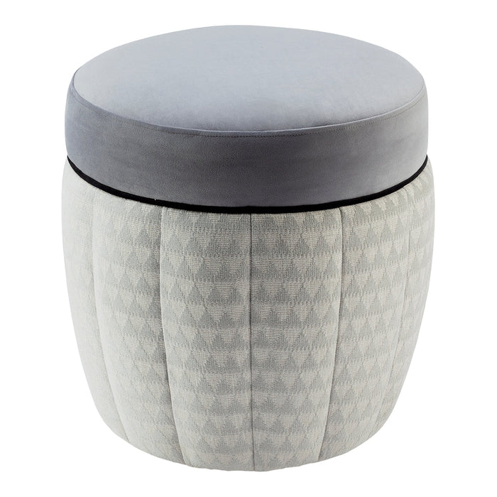 Gray upholstered stool with geometric pattern and a smooth gray top, featuring subtle black edging.