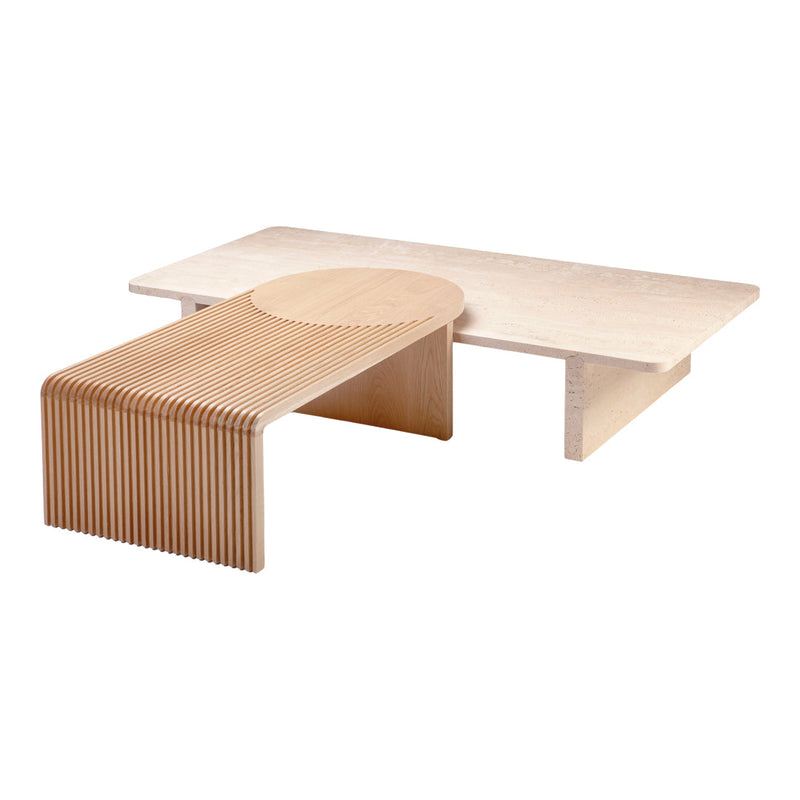 Light wood coffee table featuring a smooth surface and vertical slat design, creating a modern, minimalist aesthetic.