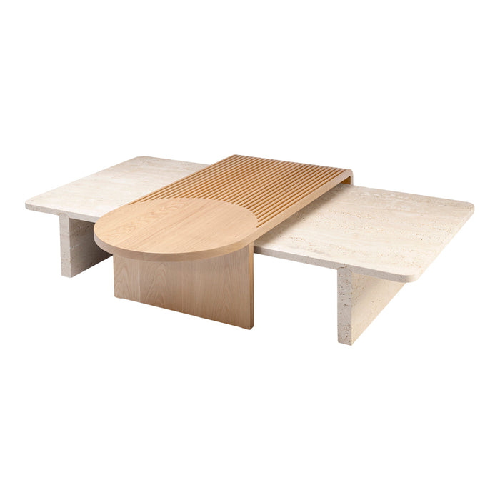 Modern coffee table with a light wood finish and white stone patterns, featuring sleek, minimalist lines.