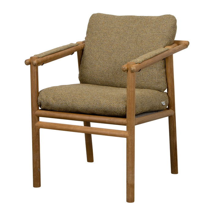 Brown patterned cushion on a natural wooden frame, creating a cozy and stylish accent chair for any space.