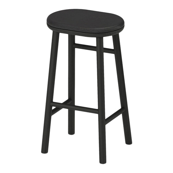 Black wooden stool with a smooth finish and minimalist design, featuring clean lines and an oval seat shape.