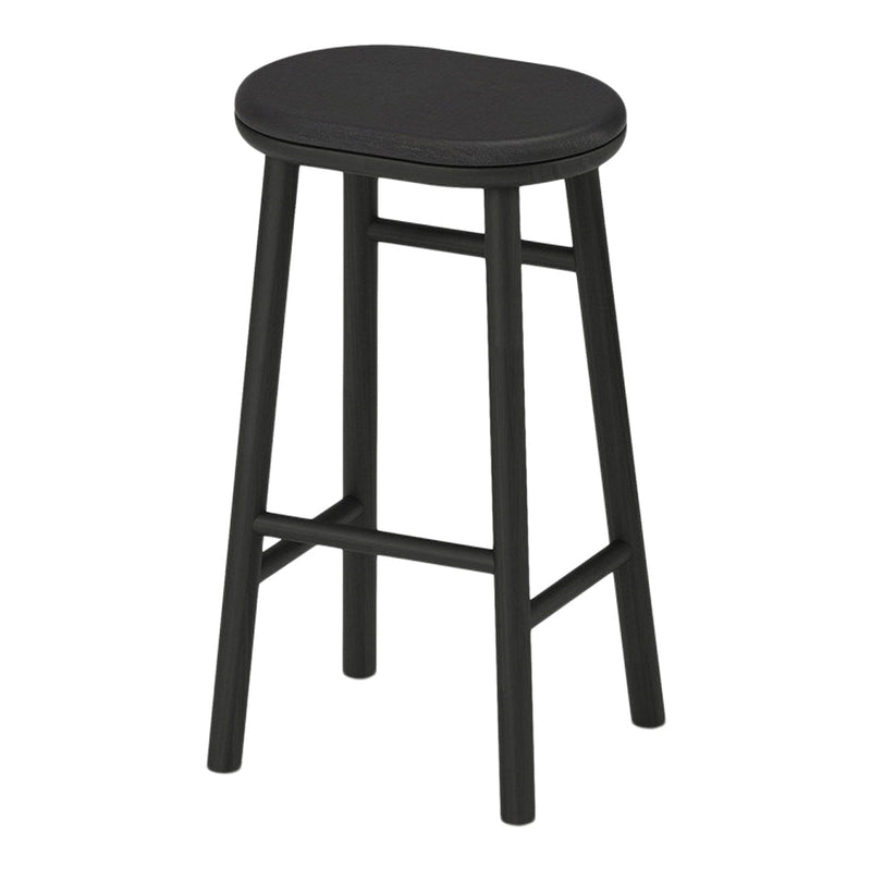 Black wooden stool with a smooth finish and minimalist design, featuring clean lines and an oval seat shape.